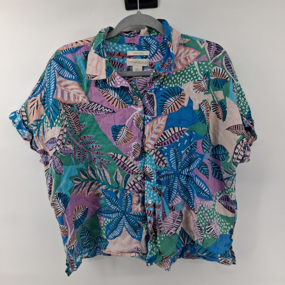 Cynthia Rowley Shirt Womens Large Multicolor Linen Button Up Tropical Floral